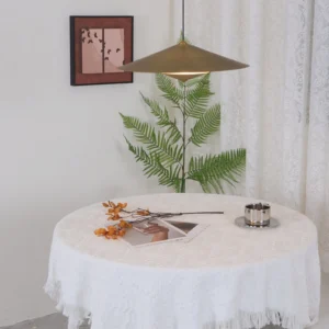 Laos Pendant Lamp Installed Above Nordic Dining Room Table with Lace Décor – Brass Pendant Lighting