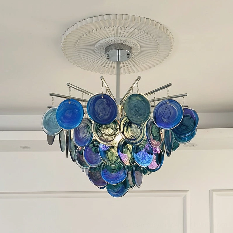 Large 60cm blue marble-swirl glass sputnik chandelier with radiating chrome arms