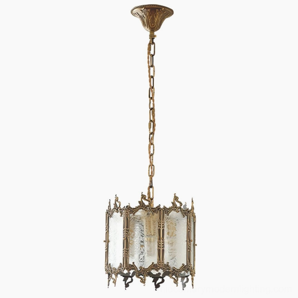 Large brass lantern pendant fixture with three-bulb configuration, premium antique brass construction, statement lighting piece