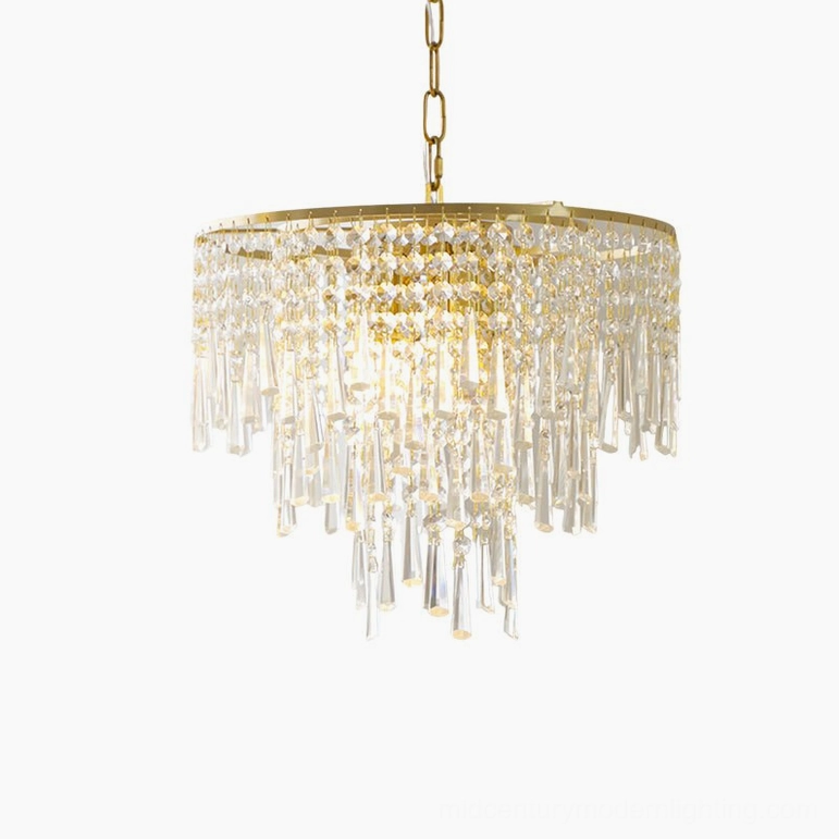 Large size cascading crystal pendant light in gold finish, studio product display view