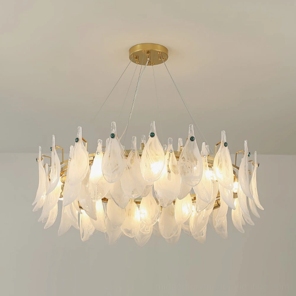 Large round frosted glass petal chandelier with gold metal frame