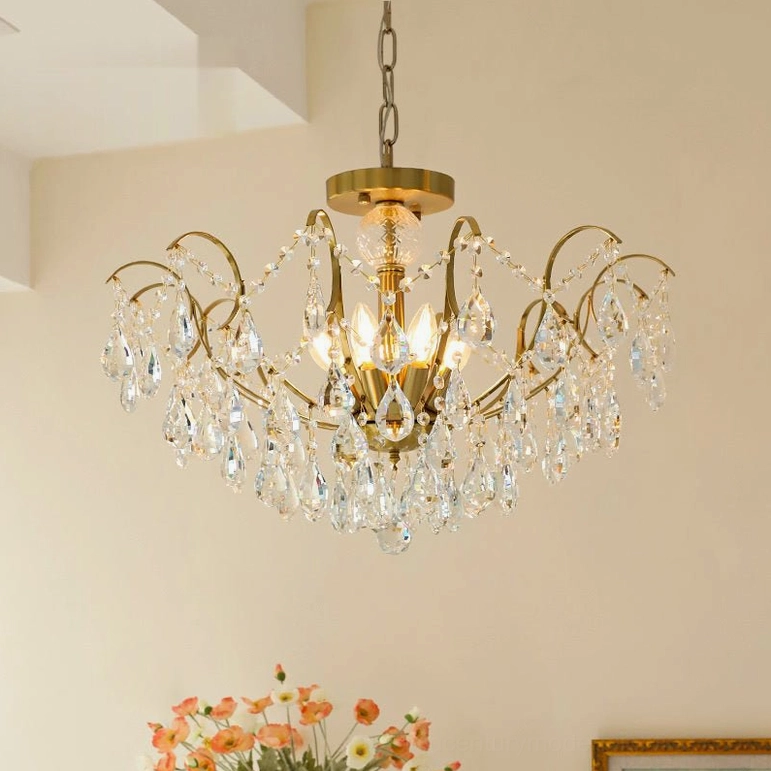 Large Colette Crystal Chandelier (25.6" width) with multiple brass arms and extensive crystal droplets