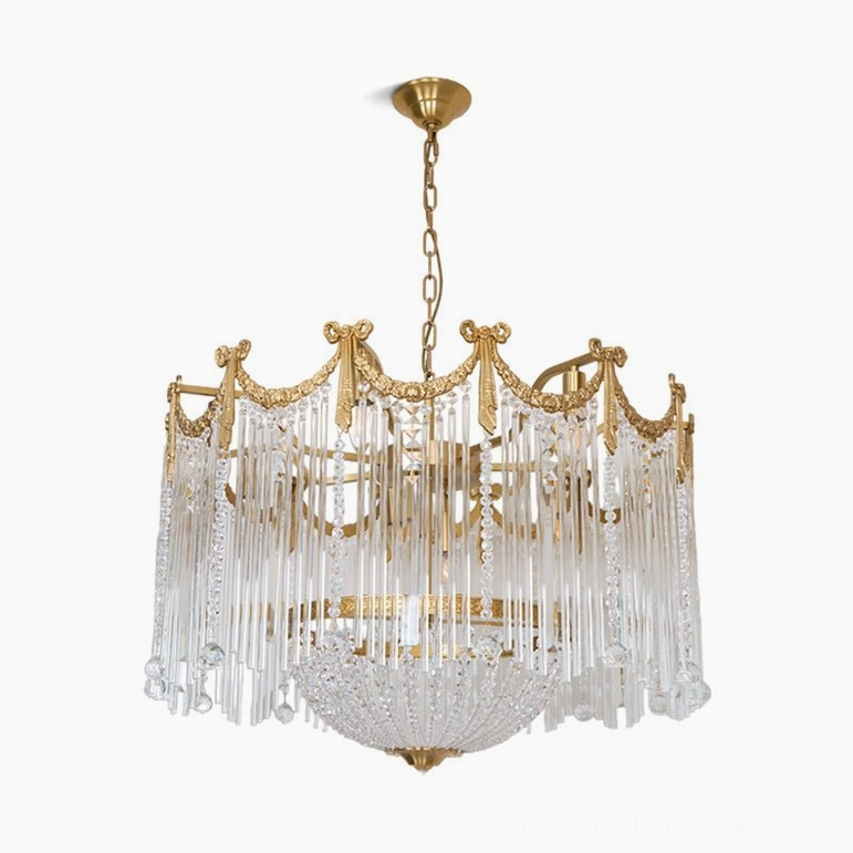 Large crystal teardrop chandelier in 31.5 inch diameter size with nine bulbs and elegant brass crown