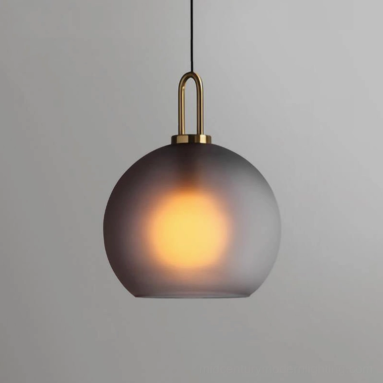 Large diameter frosted smoke gray spherical pendant lamp showing sculptural elegance and diffused glow