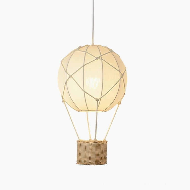 Large hot air balloon pendant light with generous fabric shade and hand-woven rattan base