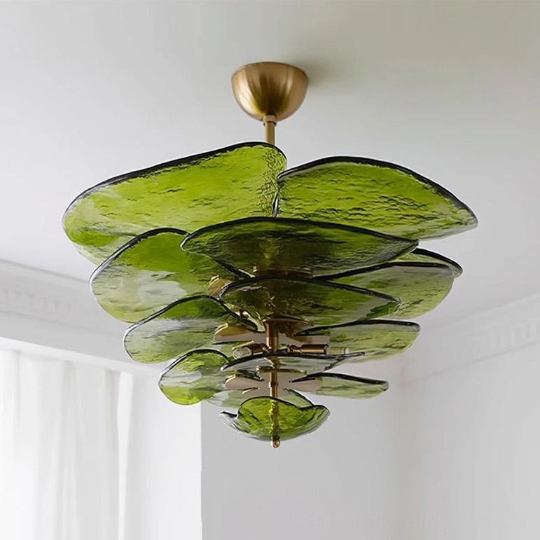 Large lotus leaf Murano glass chandelier suspended from ceiling with sculptural petal arrangement