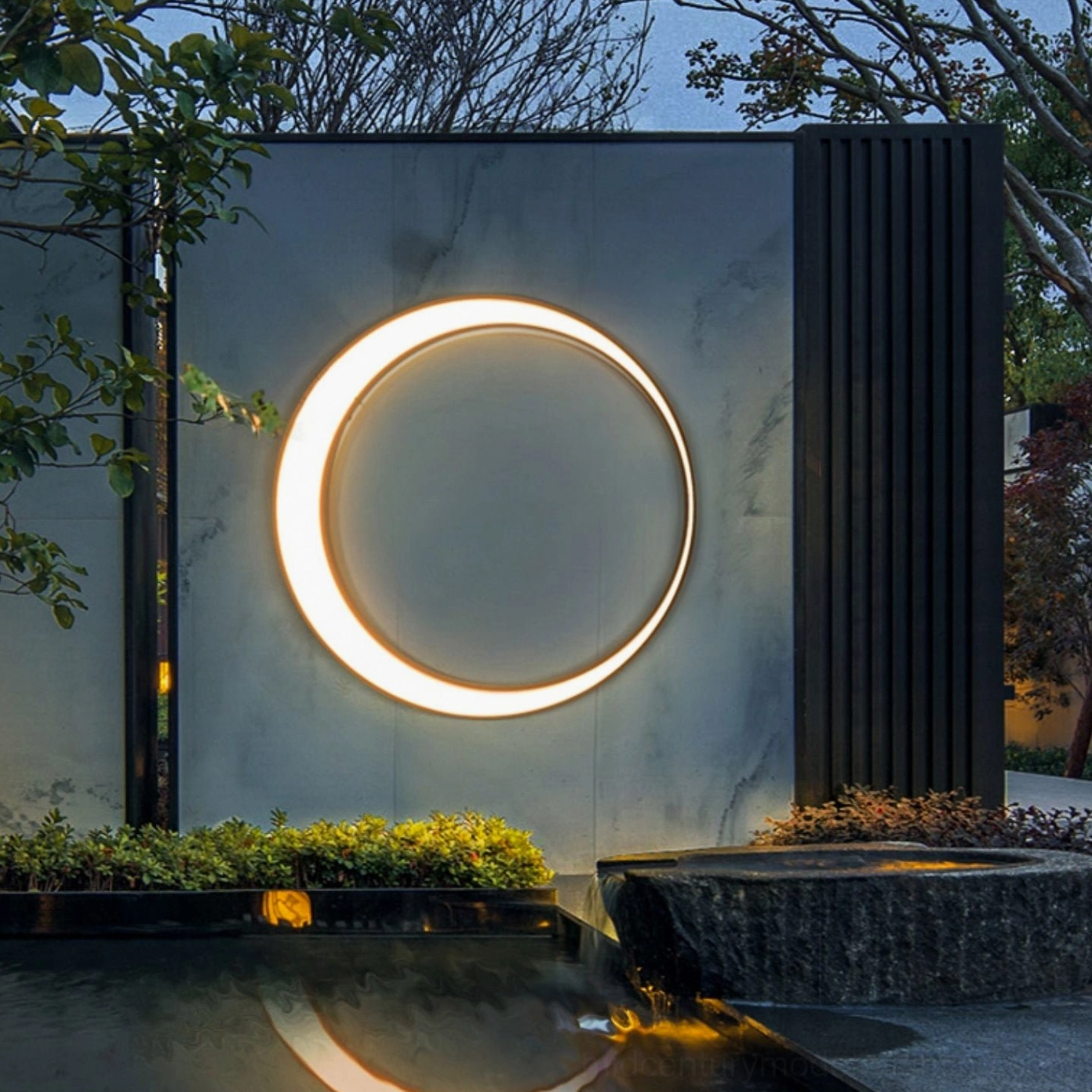 Large circular moon wall lamp luxury courtyard with warm LED glow