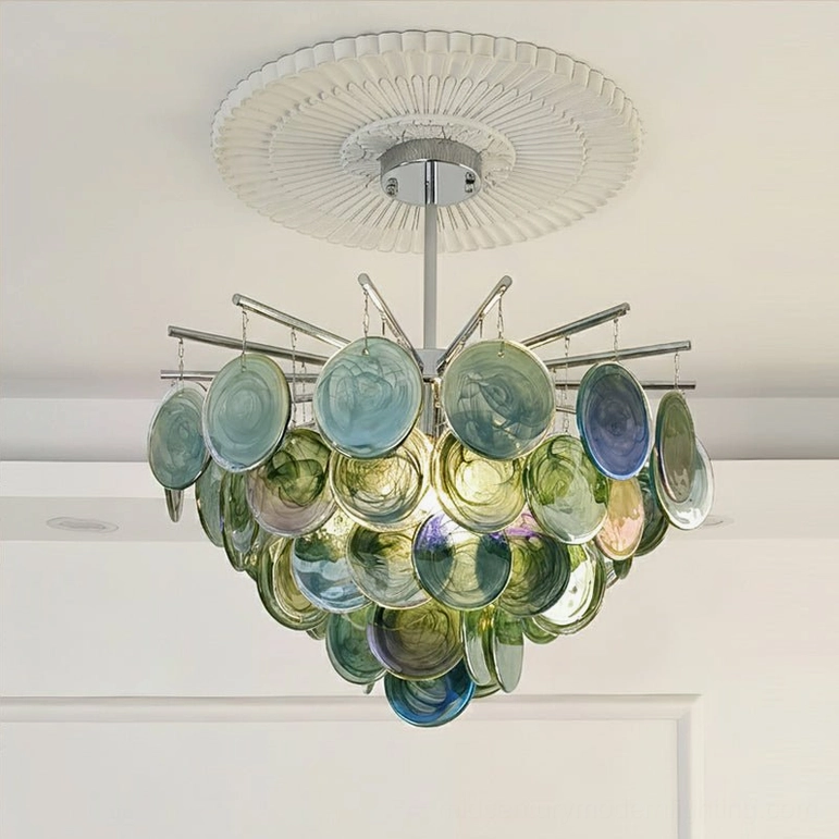 Large Murano glass sputnik chandelier 60cm with green marble-swirl discs and chrome frame