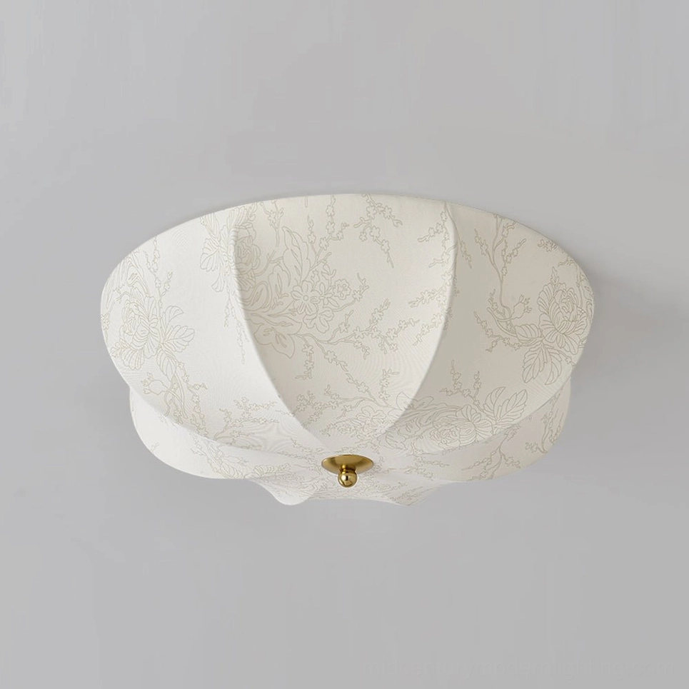 Large orchid ceiling lamp with white and gold finish in elegant bedroom creating timeless sophisticated ambiance