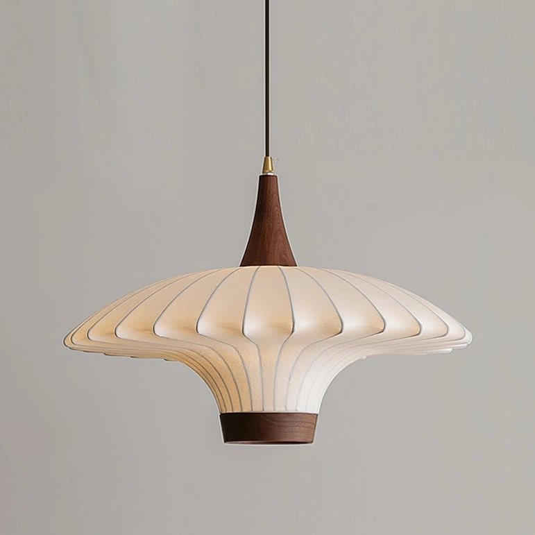 Large Parasol pleated pendant light in walnut wood with gold accents, mid-century modern design statement piece