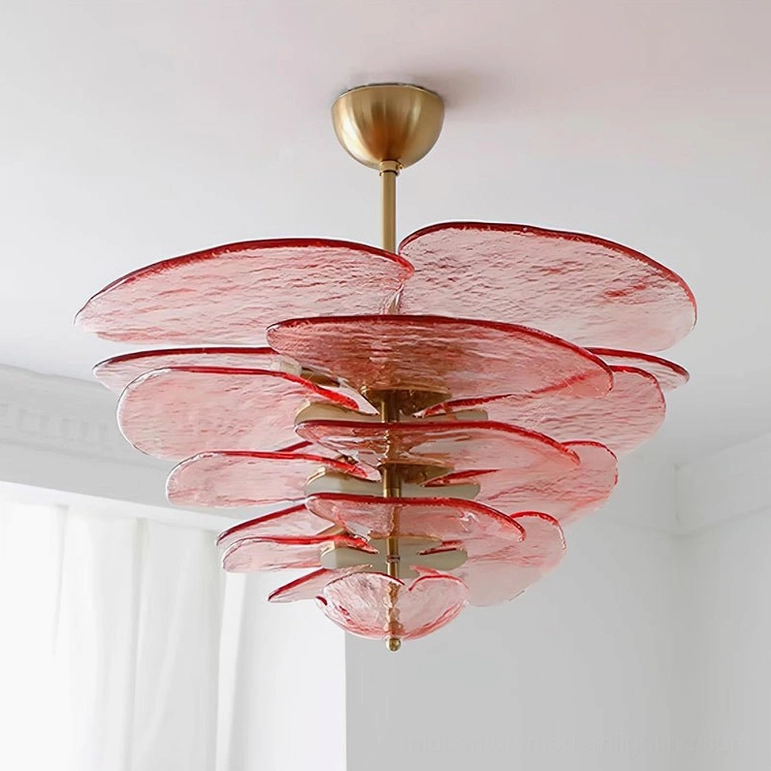 Large deep pink hand-blown lotus leaf chandelier with textured petal glass and brass ceiling mount