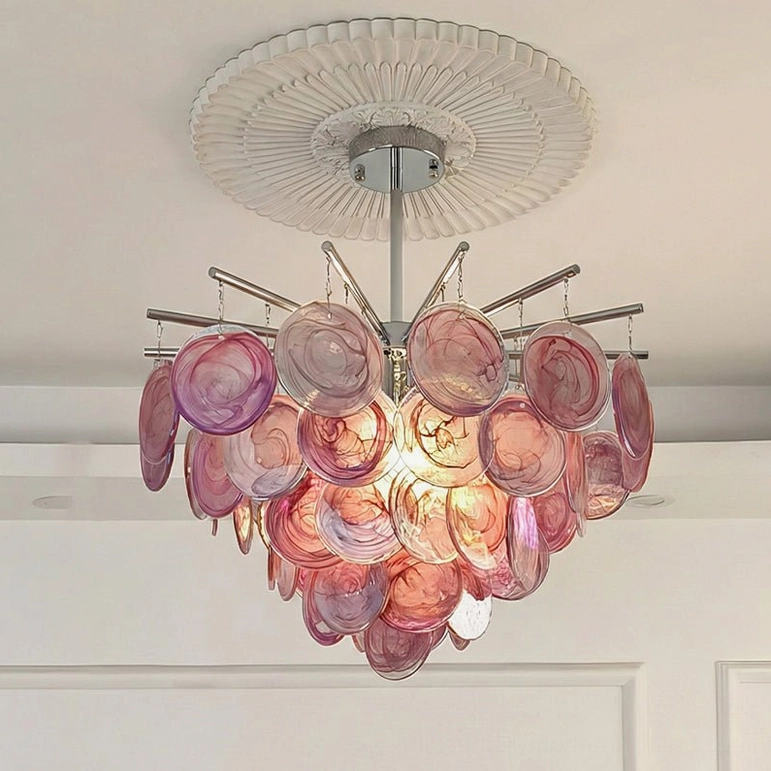 Large 60cm pink marble-swirl glass sputnik chandelier with polished chrome frame