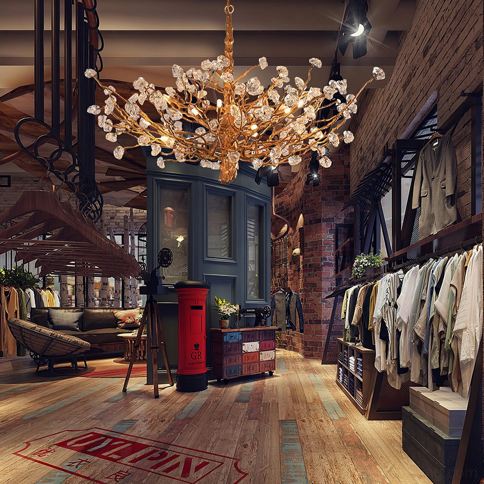 Vintage industrial boutique ceiling with large-scale brass gemstone branch chandelier architectural statement