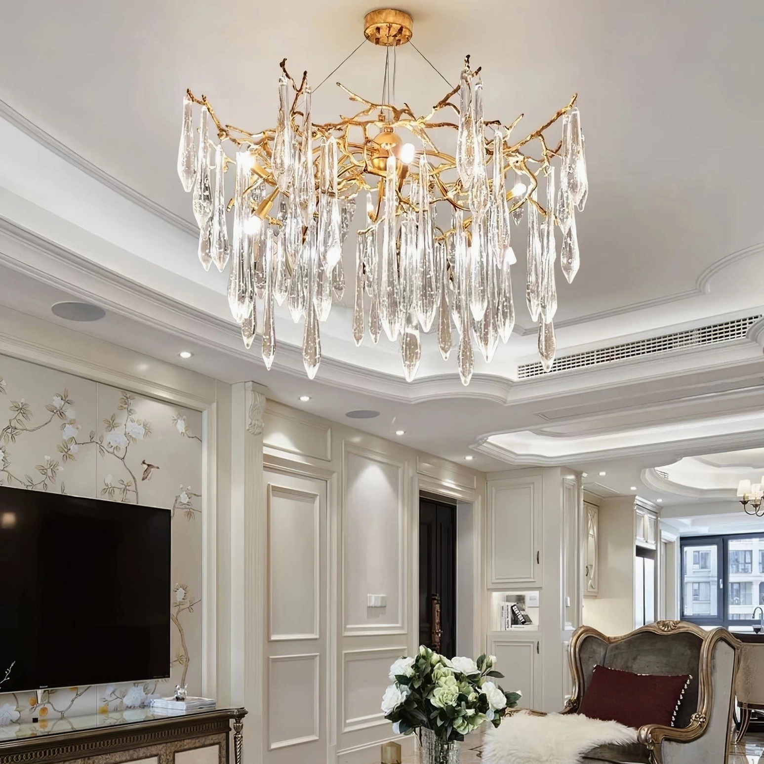 Large-scale brass icicle crystal chandelier American luxury living room abundant cascading crystals