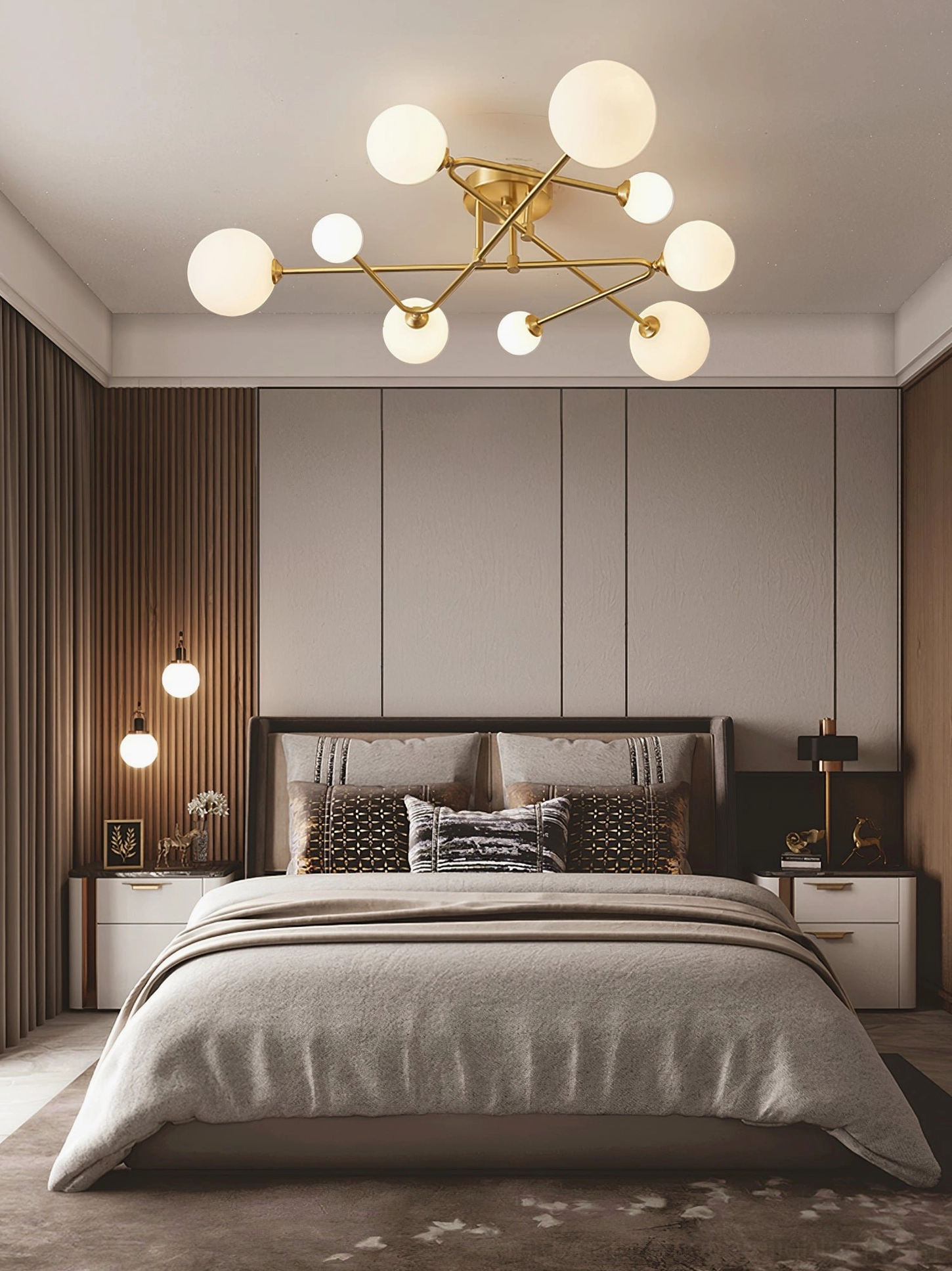 Large sputnik ceiling light fixture in minimalist luxury master bedroom with neutral tones