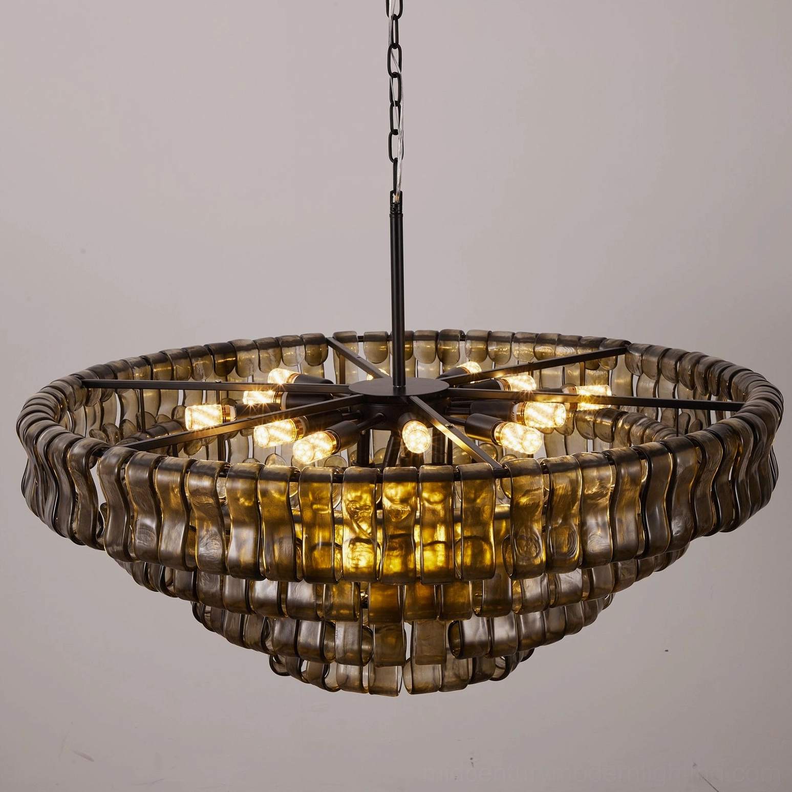 Large tiered round chandelier 47.2 inches diameter, clear ice-textured glass with black industrial frame, overhead view