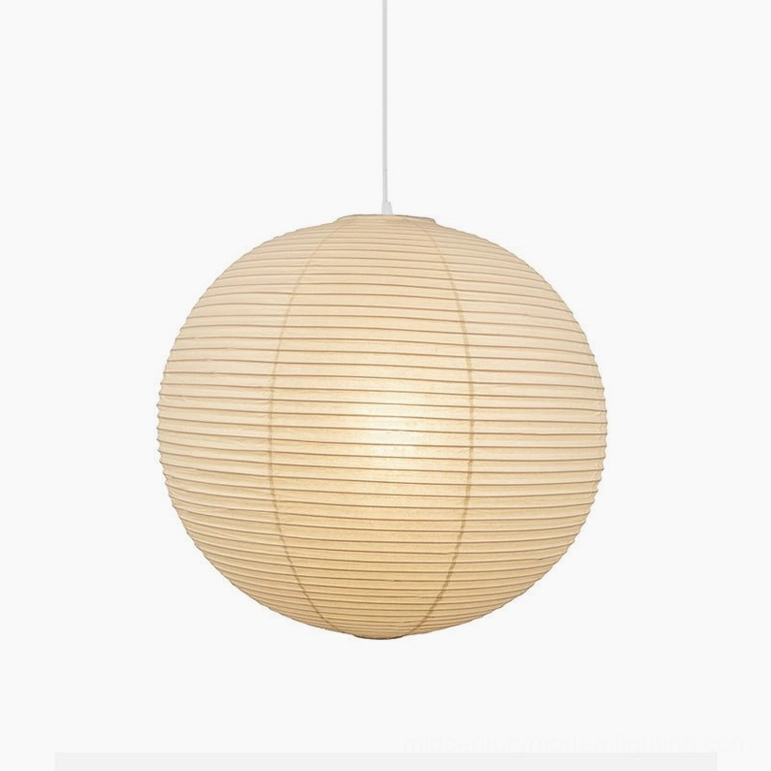 Large washi paper pendant lamp in spacious interior with high ceiling, dramatic scale perspective