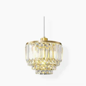 Laura crystal tiered brass pendant light frontal studio view modern mid-century lighting fixture