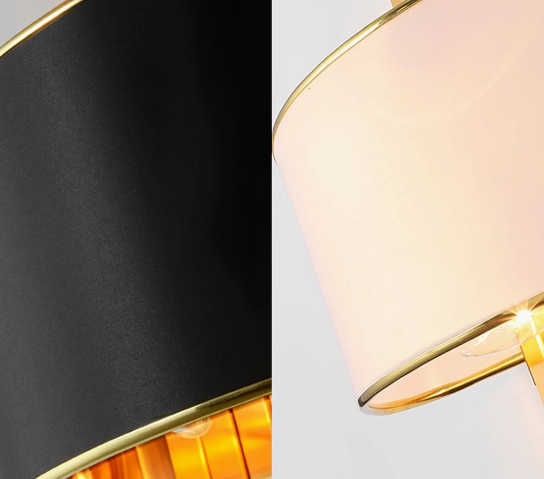 Laurina wall sconce elegant profile showing brushed gold metal framework and fabric lampshade