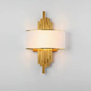 Laurina white fabric wall sconce with brushed gold metal geometric design, contemporary lighting fixture