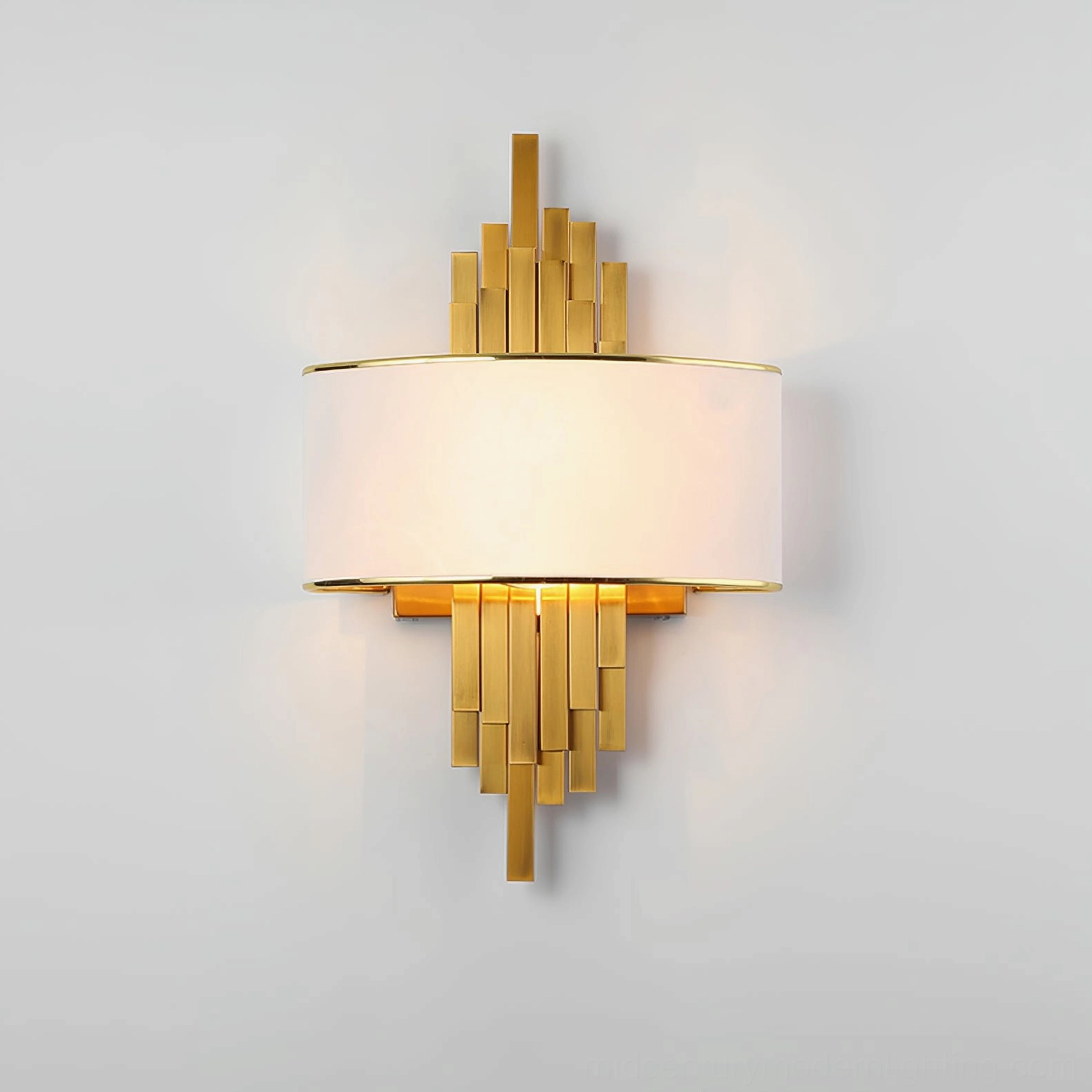Laurina white fabric wall sconce with brushed gold metal geometric design, contemporary lighting fixture