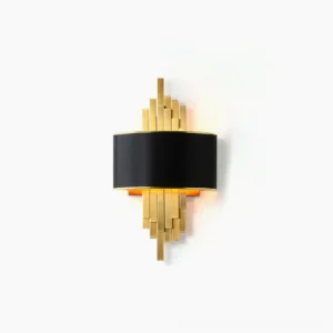 Laurina black fabric wall sconce with brushed gold metal tubes, minimalist modern design flat lay