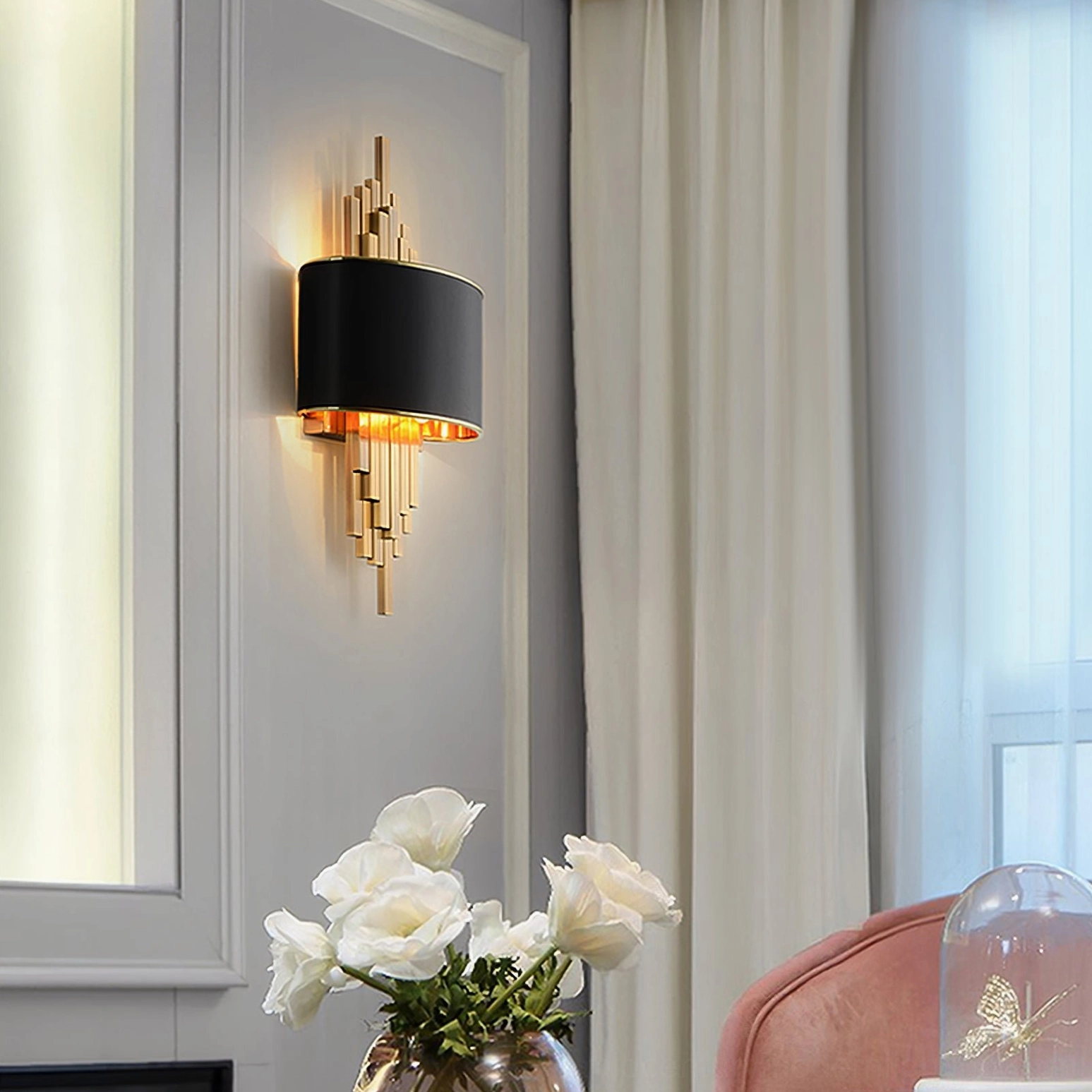Laurina wall lamp complete fixture showcasing geometric gold tubes and fabric shade combination