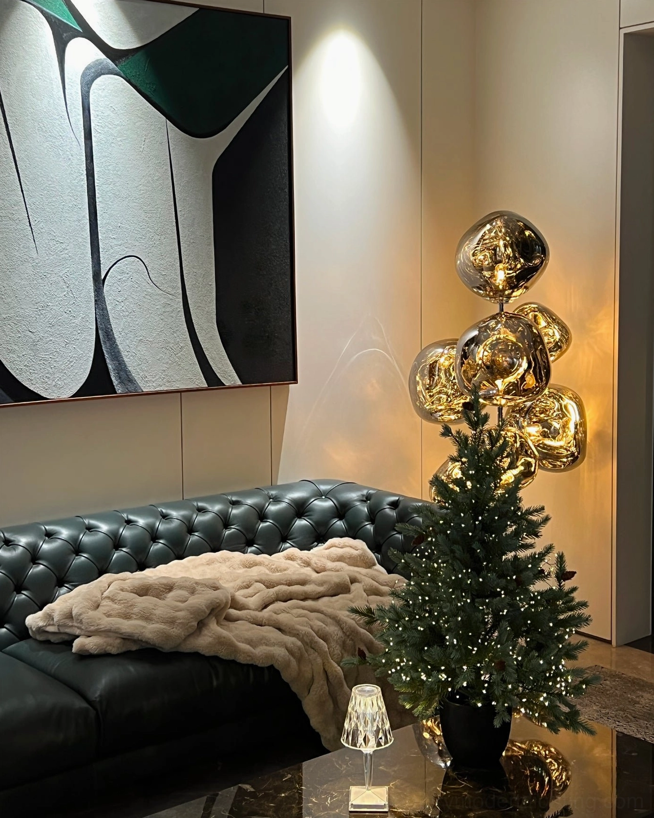 Modern cone floor lamp with geometric tripod base and illuminated glass shades contemporary style