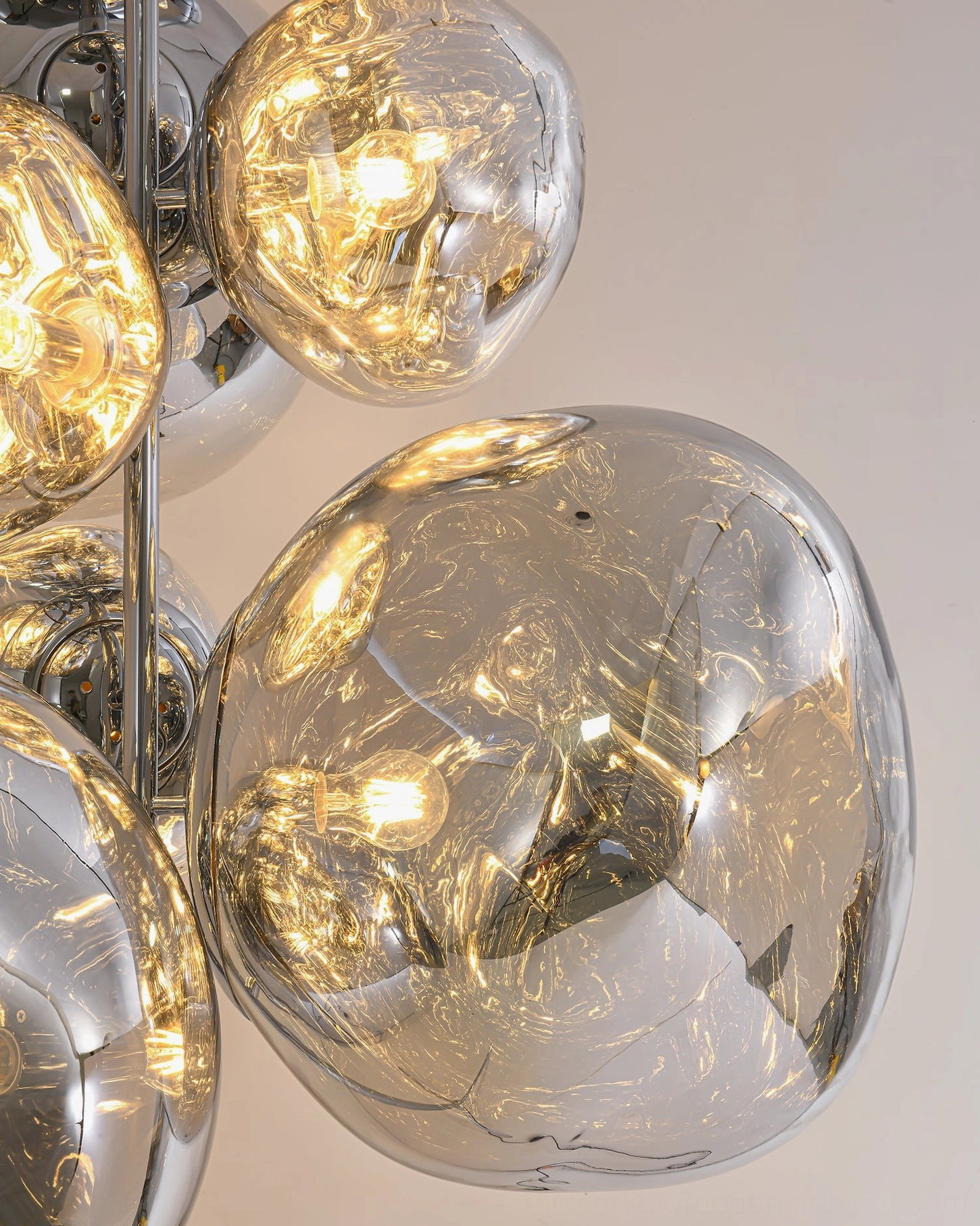 Close-up macro detail of lava cone floor lamp molten glass shades with LED illumination