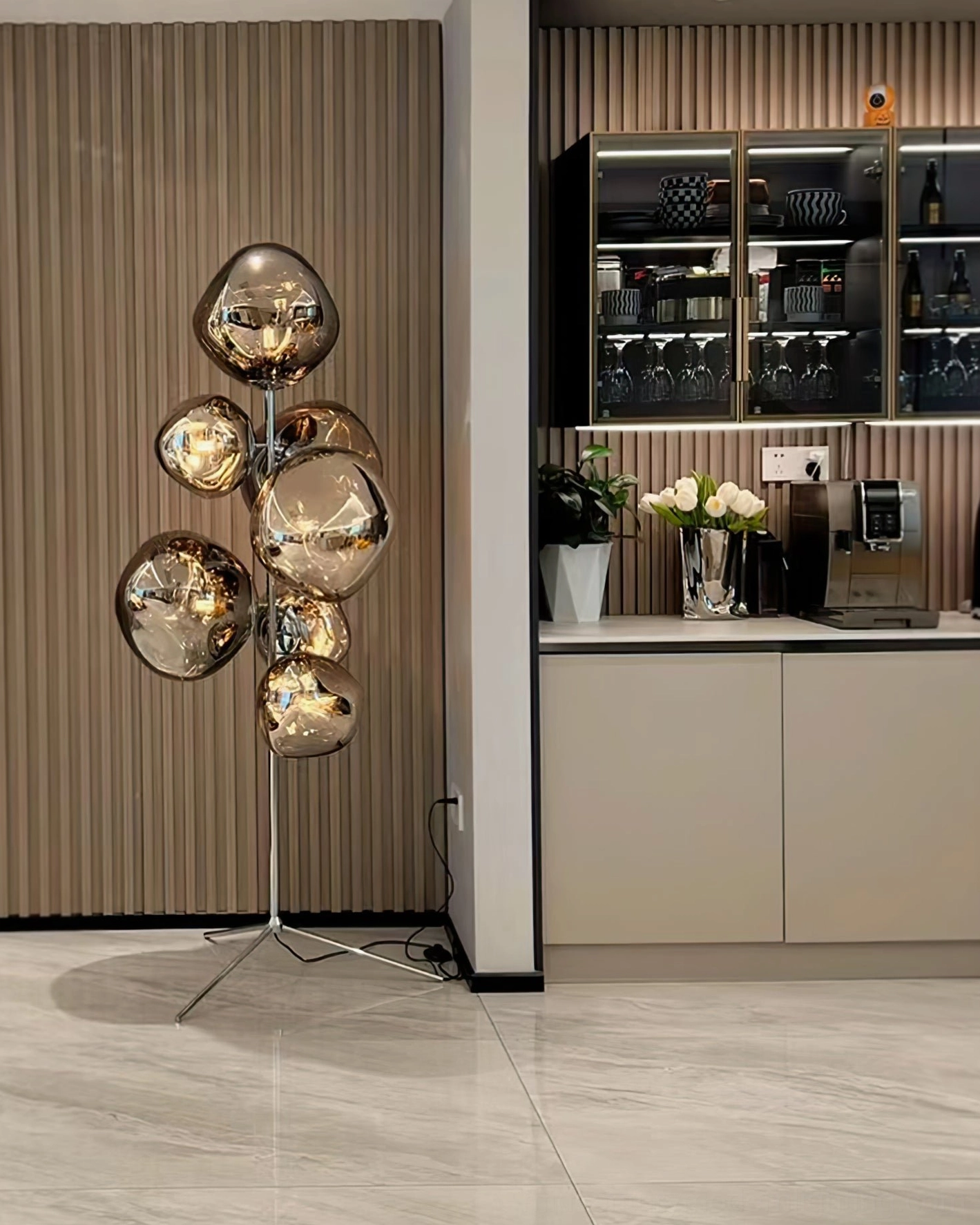 Modern luxury lava cone floor lamp with mixed metallic glass shades in contemporary kitchen bar area