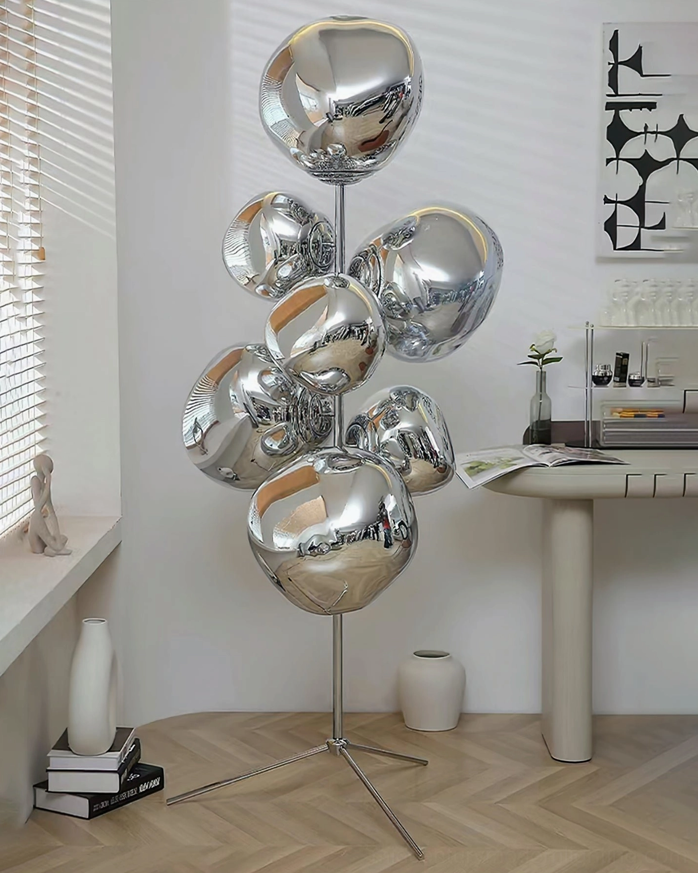 Artistic view of lava cone floor lamp showing light diffusion through molten glass shades