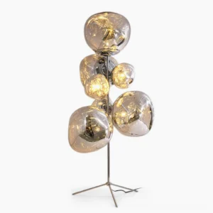 Lava Cone floor lamp front view with chrome tripod stand and molten glass cone shades on white background
