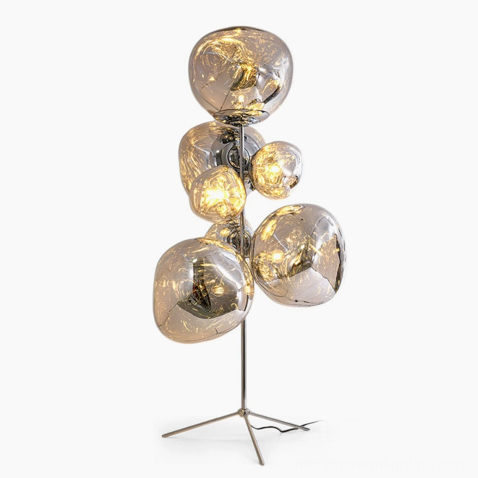 Lava Cone floor lamp front view with chrome tripod stand and molten glass cone shades on white background