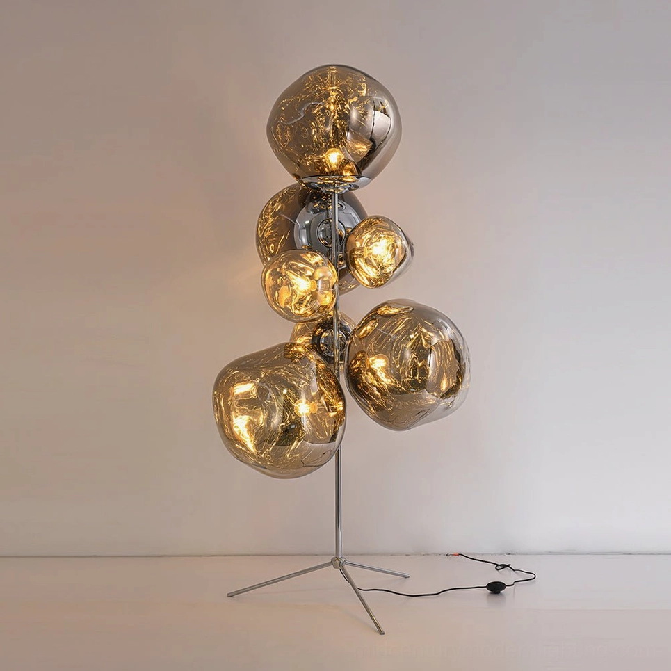 Smoke gray finish lava cone floor lamp with contemporary tripod stand and molten glass shades