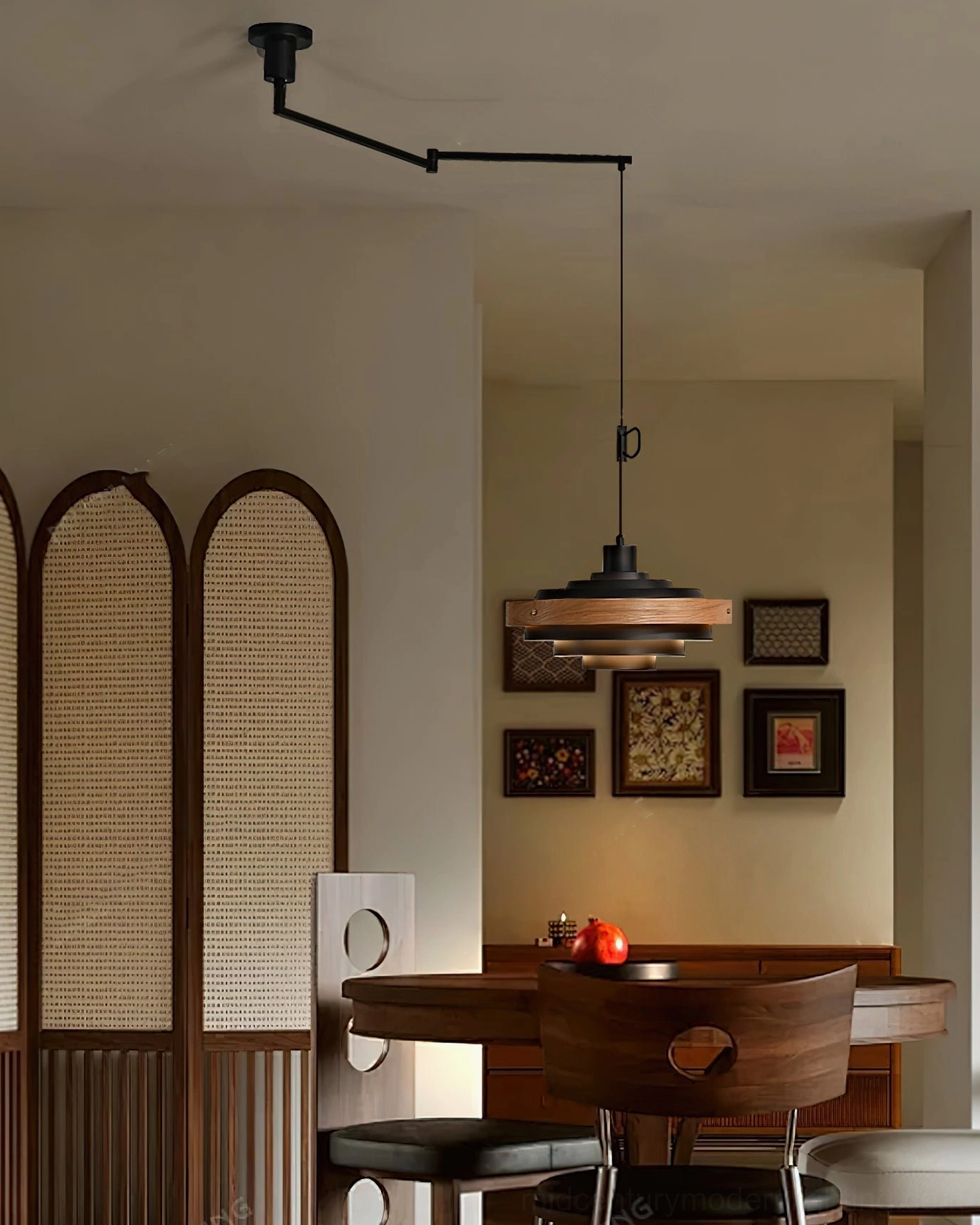 Layered disc shade pendant light showing wood and metal tier construction close-up