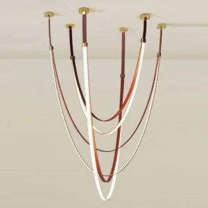 Multi-strand contemporary pendant chandelier with brown and white leather straps, glowing linear LED lights and gold ceiling mounts