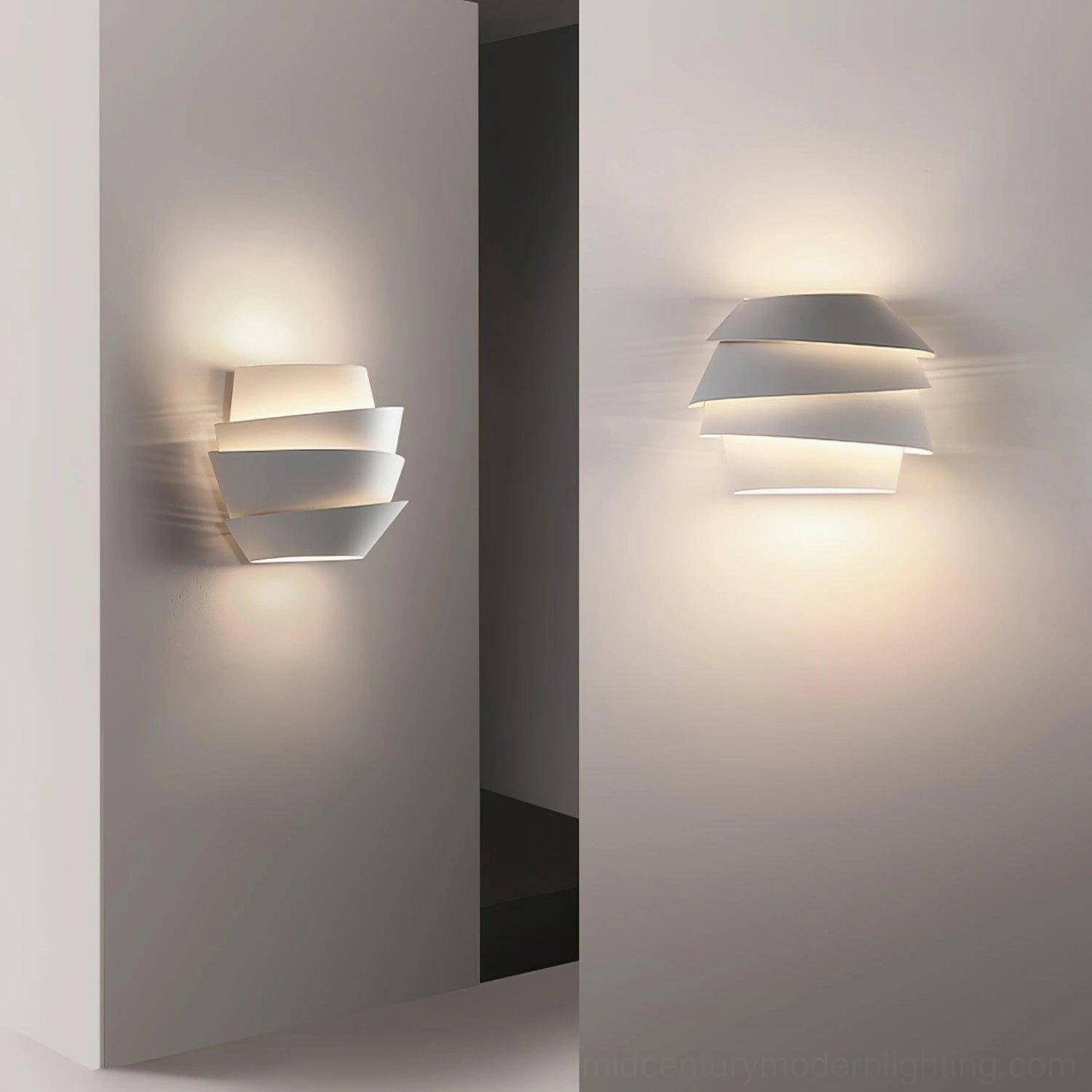 Le Soleil tiered wall sconce installed in modern hallway corridor with dual lighting effect