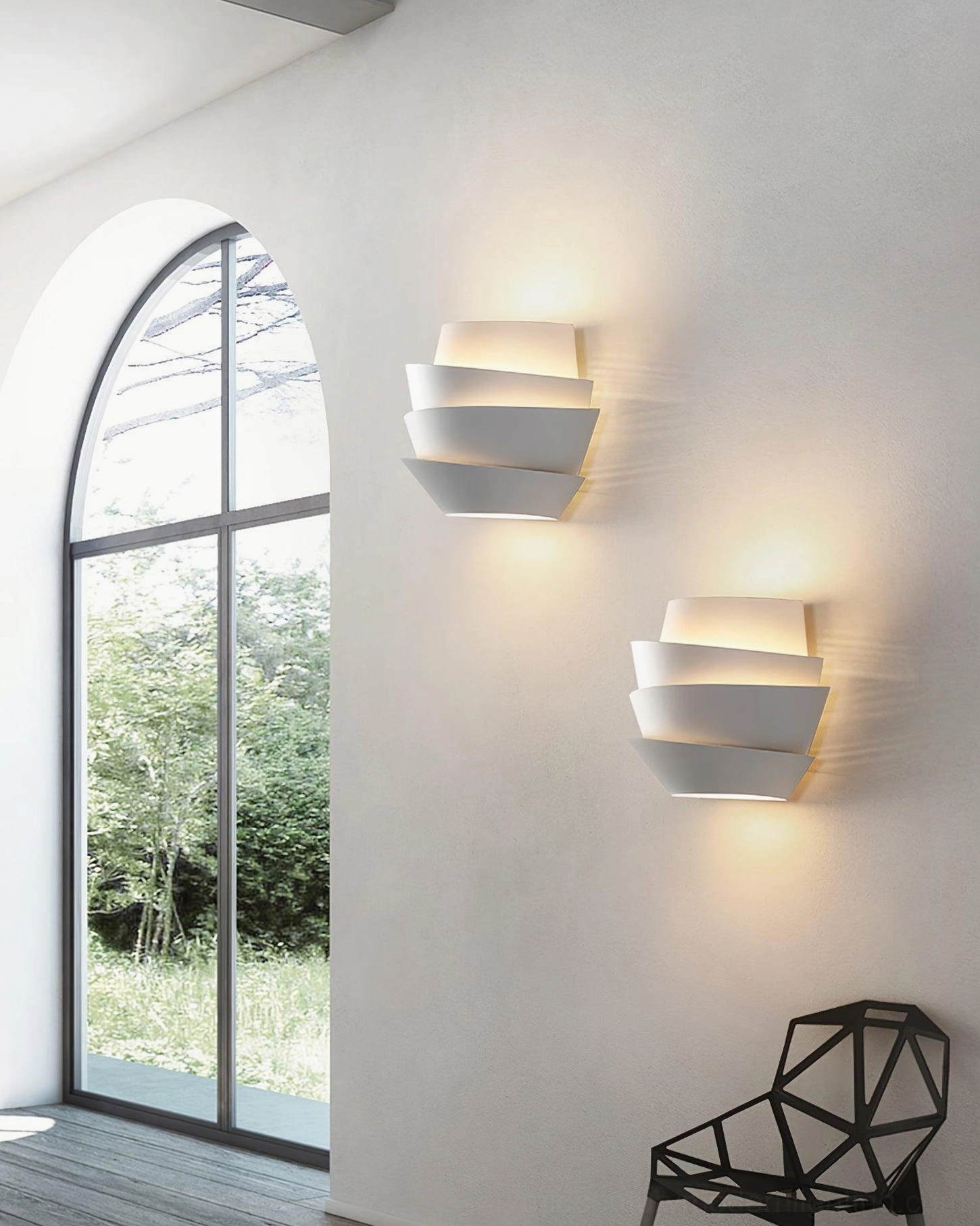 Le Soleil white matte wall sconce with staggered layered bowl structure