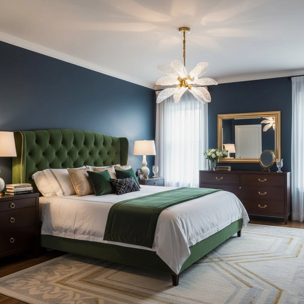 Organic brass leaf chandelier in luxury master bedroom with emerald tufted headboard