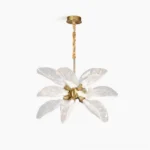 Leaf bloom brass chandelier with resin leaf shades overhead view on white background