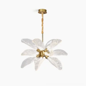 Leaf bloom brass chandelier with resin leaf shades overhead view on white background