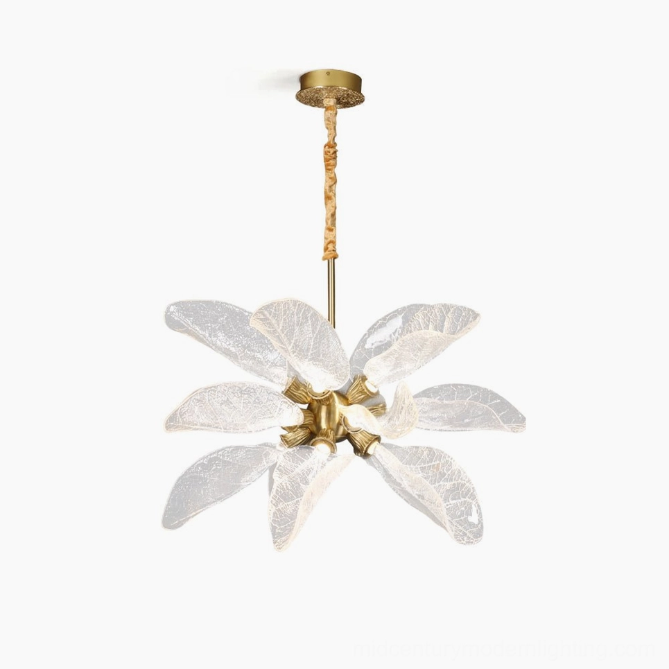 Leaf bloom brass chandelier with resin leaf shades overhead view on white background