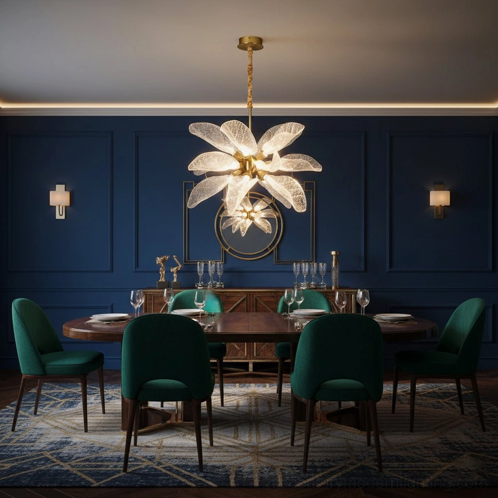 Botanical chandelier in upscale formal dining room with dark blue paneled walls