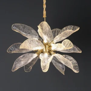Suspended leaf bloom chandelier with illuminated integrated LED lights and veined glass petals