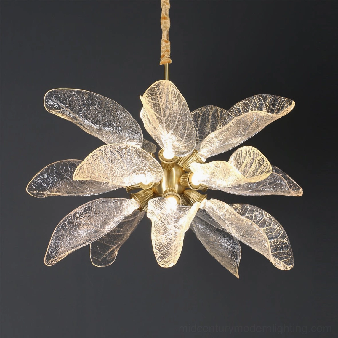 Suspended leaf bloom chandelier with illuminated integrated LED lights and veined glass petals