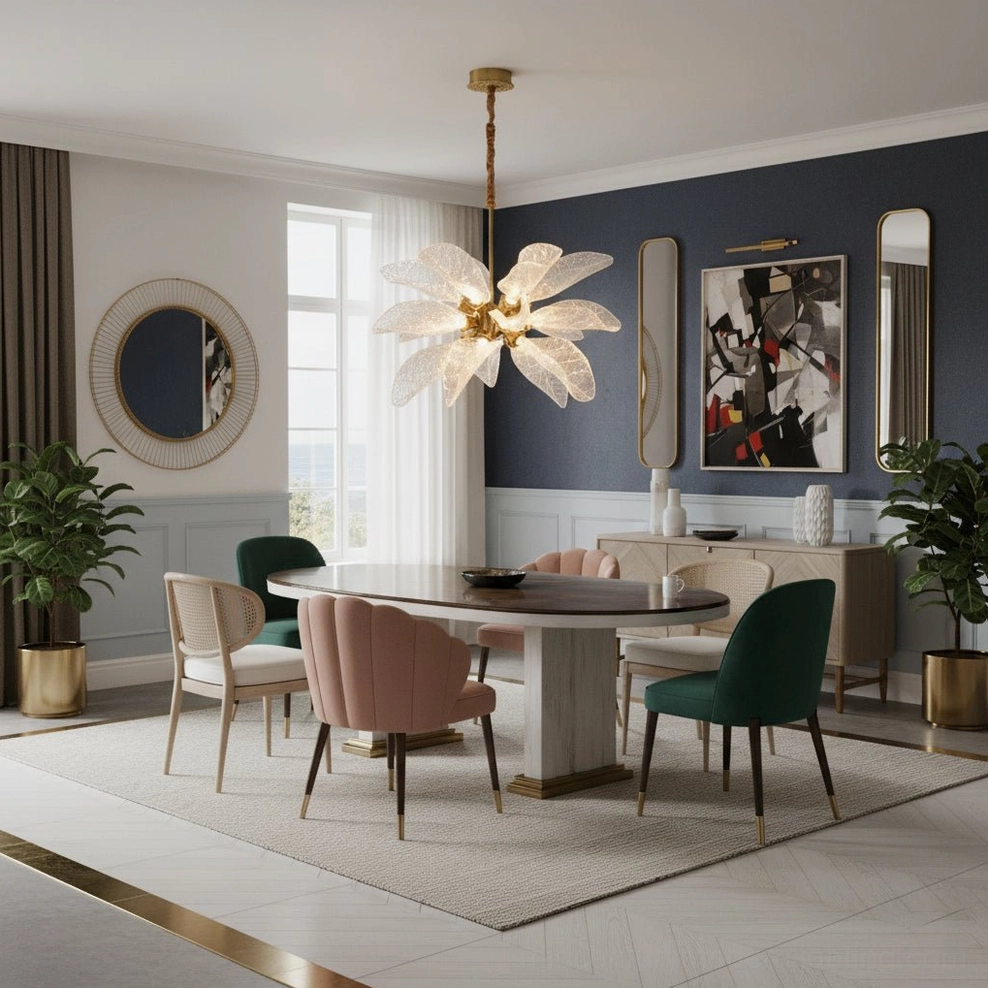 Contemporary leaf bloom chandelier in modern dining room with round table and neutral tones