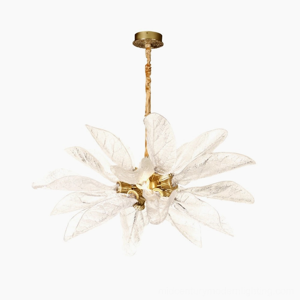 Leaf bloom chandelier product shot showing antique brass and resin construction