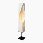 Leaf Floor Lamp front view on white background, black metal base with glowing layered leaf-shaped shade