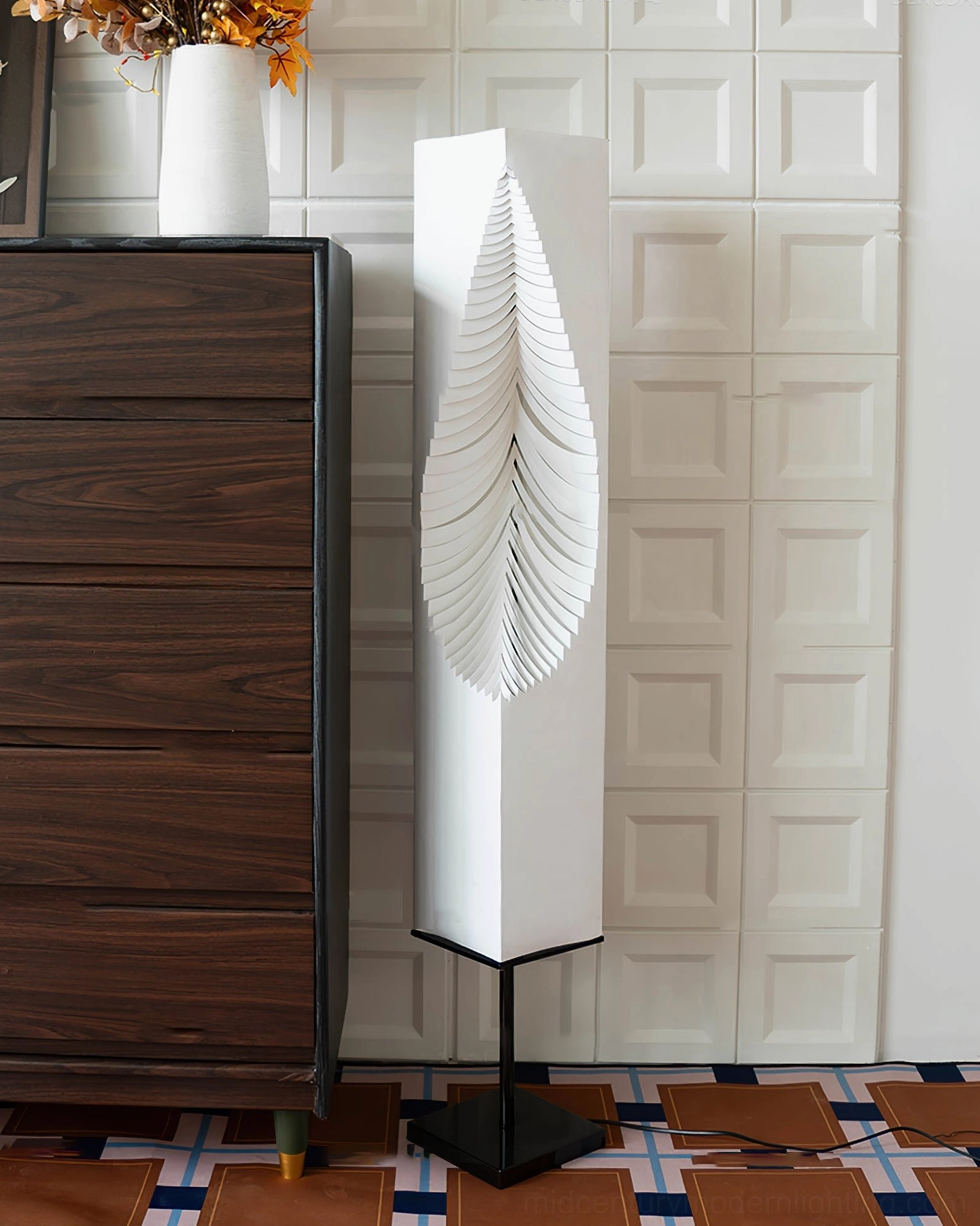 Leaf Floor Lamp unlit white layered leaf shade design in side view, geometric silhouette detail