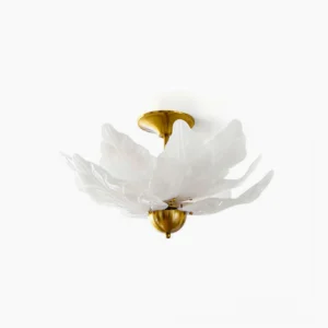 Leaf glass flush mount ceiling lamp overhead view showing frosted white glass petal design with gold brass hardware
